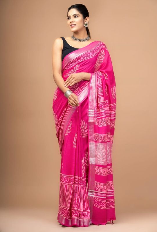 Hand block print cotton linen sarees, Occasion : Casual
