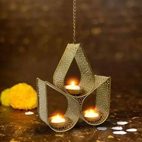 Golden Polished Iron Tealight Candle Holder, for Home Decoration
