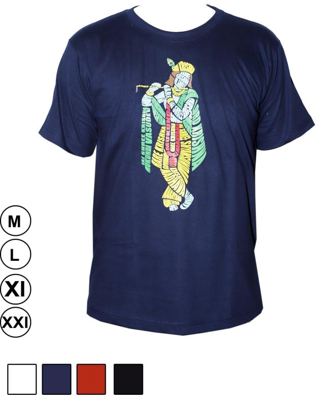 Krishna Printed Blue Cotton T Shirt, Size : XXL, XL, M