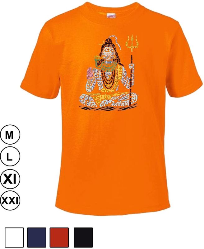 Shiva Printed Orange Cotton T Shirt, Size : XL, XXL, M, L