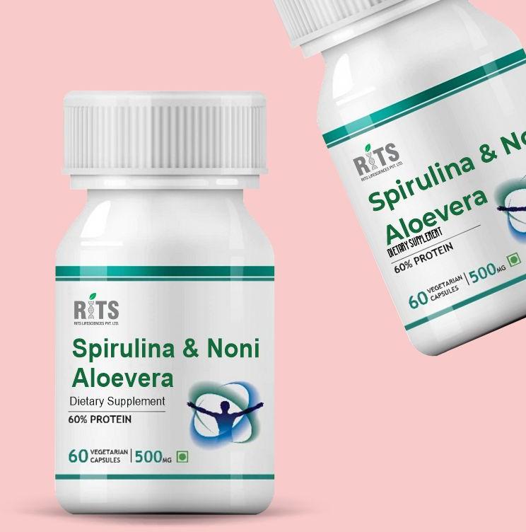 Spirulina + Noni and Aloevera Capsules, for Dietary Supplement, Packaging Type : Plastic Bottle