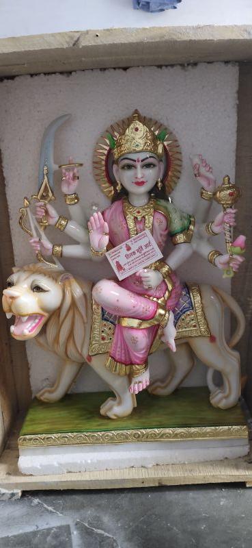 Marble Durga Statue Idol, For Worship, Temple, Interior Decor, Office, Home, Gifting, Garden, Packaging Type : Thermocol Box