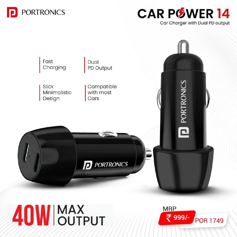 portronics car power 14 car charger, Voltage 12VDC, Color Black at