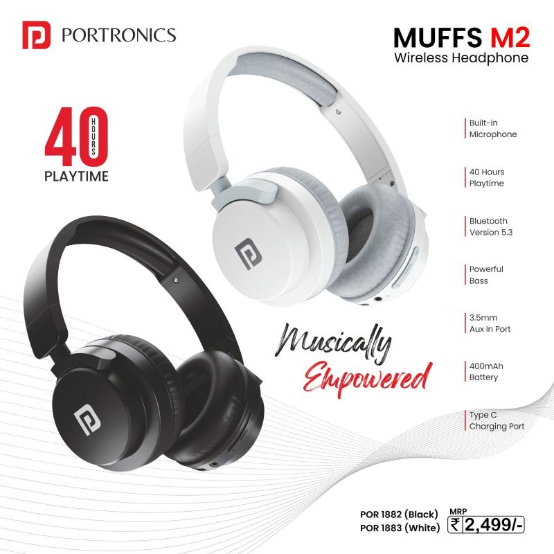 Black Portronics Muffs M2 Bluetooth Headphone, for Personal Use, Style