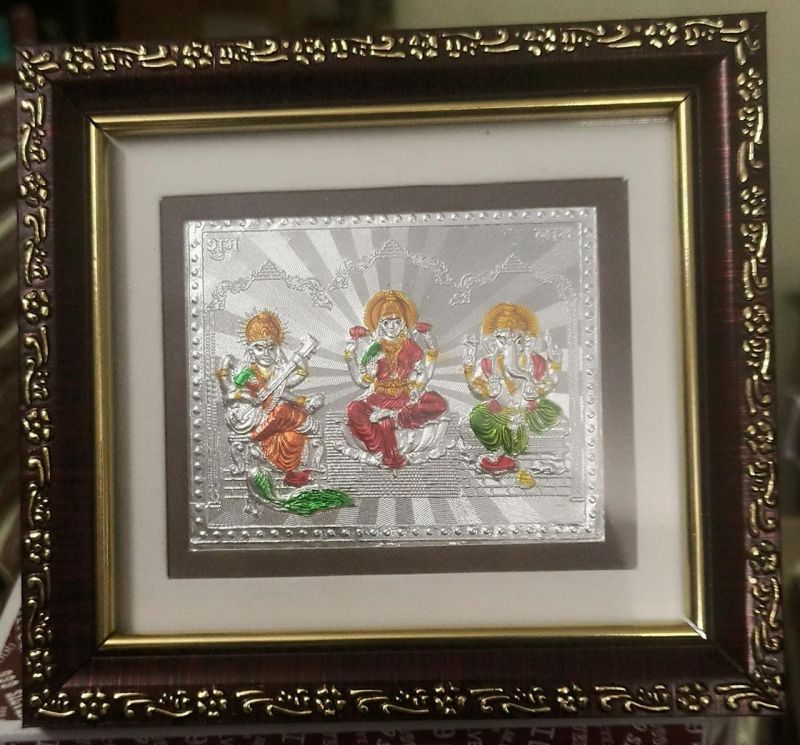 999 Silver Gods Ganesh Laxmi Saraswati ji Photo Brown Frames Momento with Natural Fragrance.