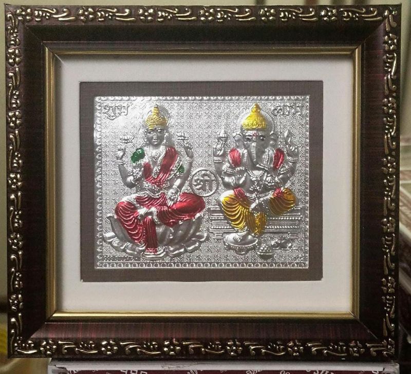 999 Silver Gods Laxmi Ganesh ji Photo Brown Frames Momento with Natural Fragrance.