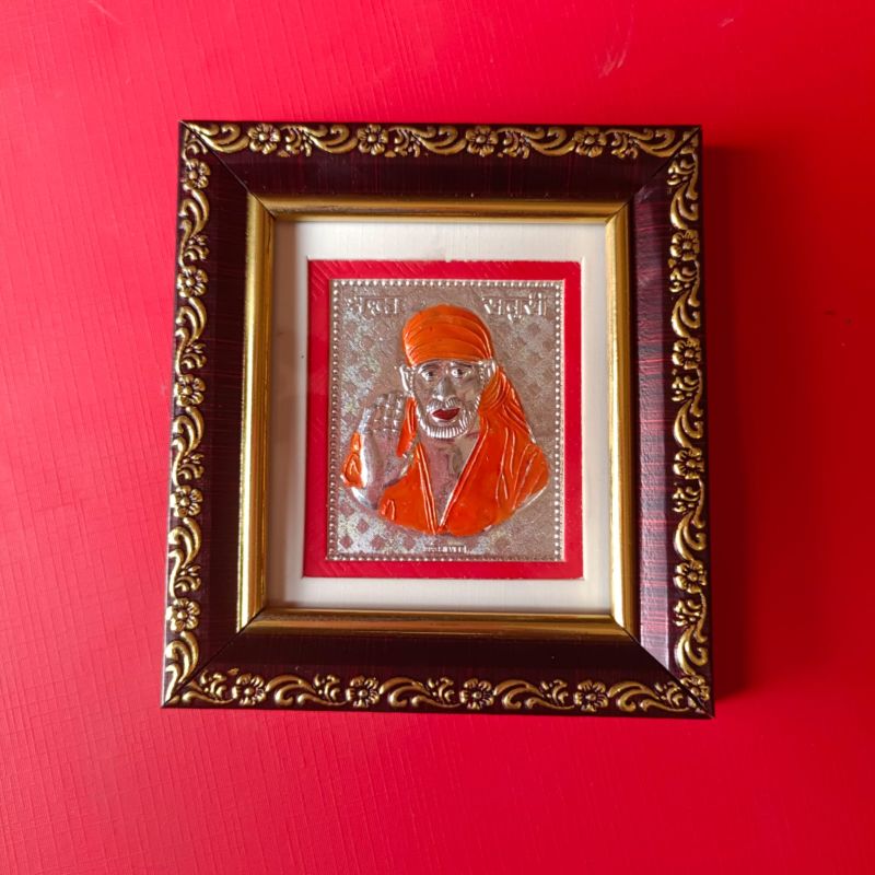 999 Silver Gods Sai Baba ji Photo Brown Frame Momento with Natural Fragrance.