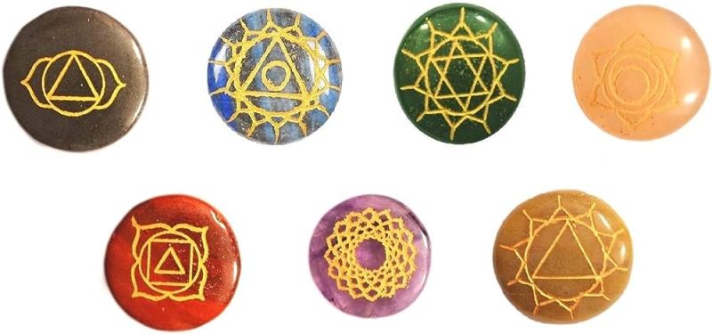 Multicoloured 7 Chakra Engraved Round Disc Set, For Healing Jewelry Gemstone