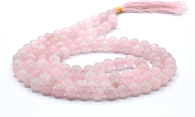 Marka Jewelry Pink Round Polished Rose Quartz Japa Mala, for Religious, Feature : Healing, Peace, Serenity