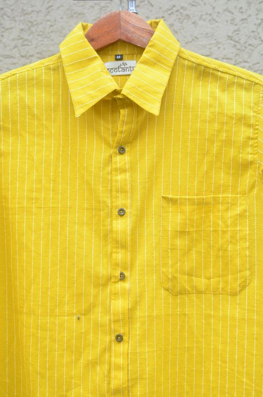 Cotton Mens Yellow Striped Shirts, For Quick Dry, Eco-friendly, Breathable, Anti-wrinkle, Size : Xl