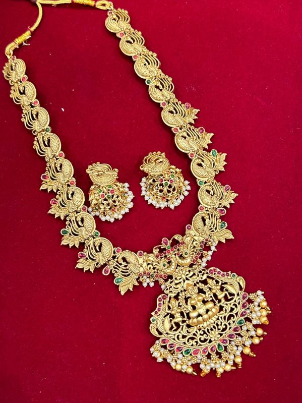 Golden Polished Copper Designer Long Necklace Set at Best Price in