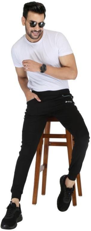 Mens Black Lycra Track Pant Solid With Pai Pin