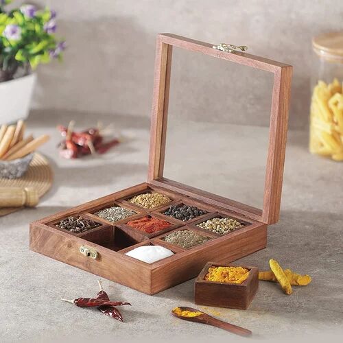 Brown Wooden Spice Box, Shape : Square