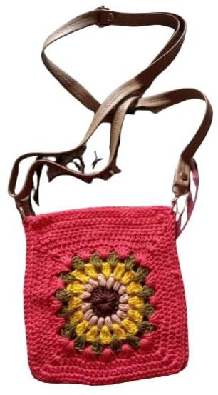 Printed Cotton crochet woman bag, Size : 10x10inch