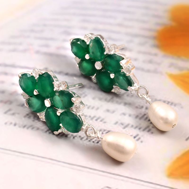 925 Sterling Silver Green Onyx Earrings