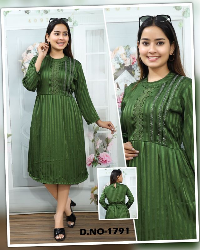 Regular Fit Full Sleeves Casual Ladies Green One Piece Dress, Size : M ...