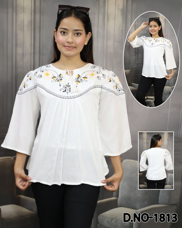 Cotton White Embroidered Tops, Size : L