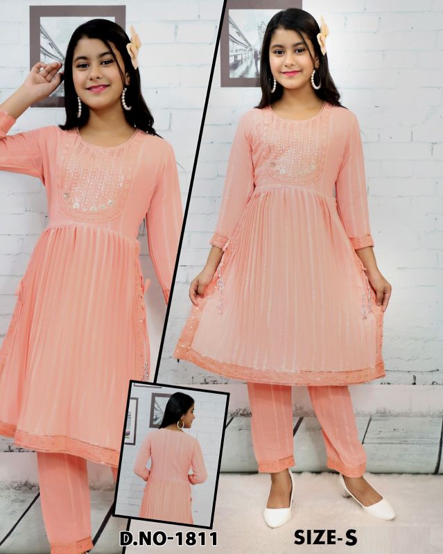 Embroidered Peach Naira Cut Suit, Size : Small, Medium, Large