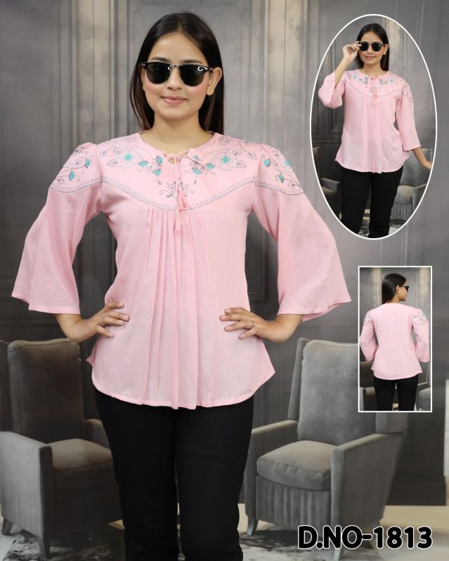 Ladies Pink Cotton Embroidered Top, Feature : Skin Friendly, Easily Washable, Comfortable