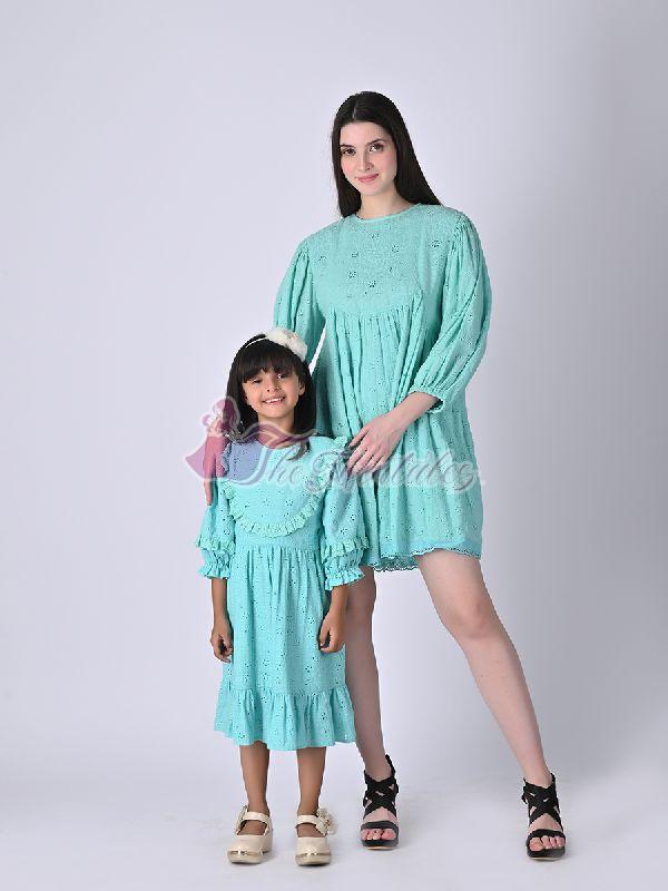 Mother and Daughter Celina Eyelet Dress, for Casual Wear, Color : Jungle Mist / Blue