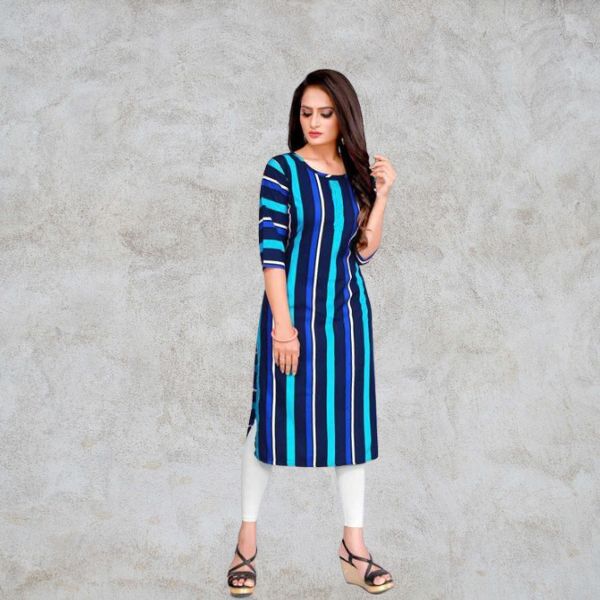 Kokil crepe Printed blue line kurti, Size : S, M, XL, XXL