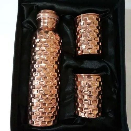 Hammered Copper Bottle With 2 Glass, for Drinkware, Feature : Fine Finished, Hard Structure