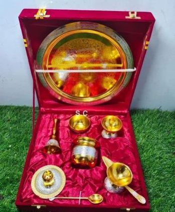 Polished Brass Pooja Thali Gift Set, Packaging Type : Velvet Box