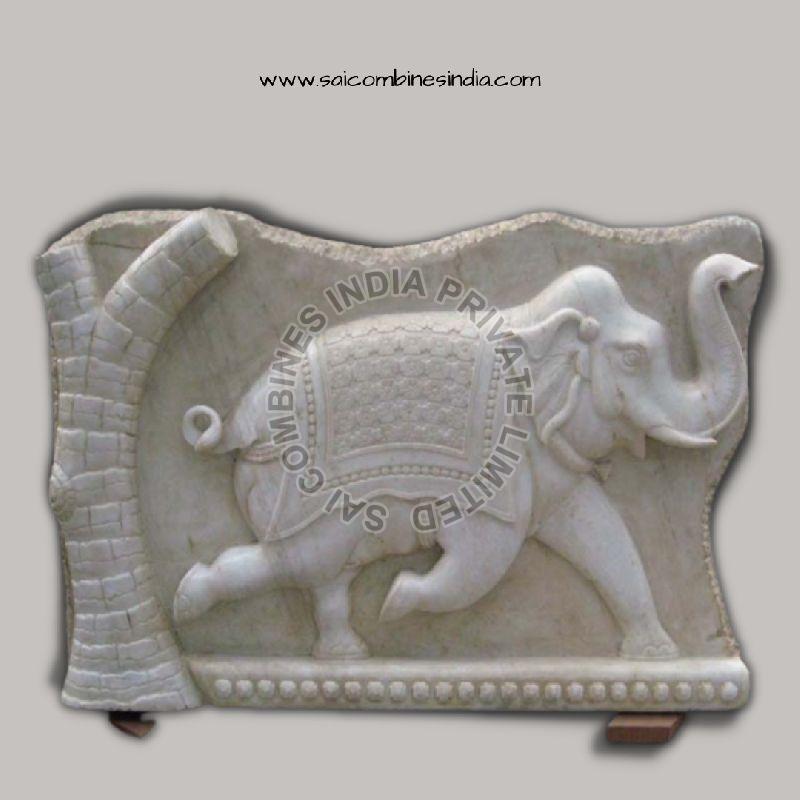 CARVED  WHITE  MARBLE ELEPHANT PANEL