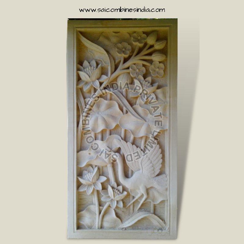 FLOWERS , BIRD  CARVED MARBLE PANEL