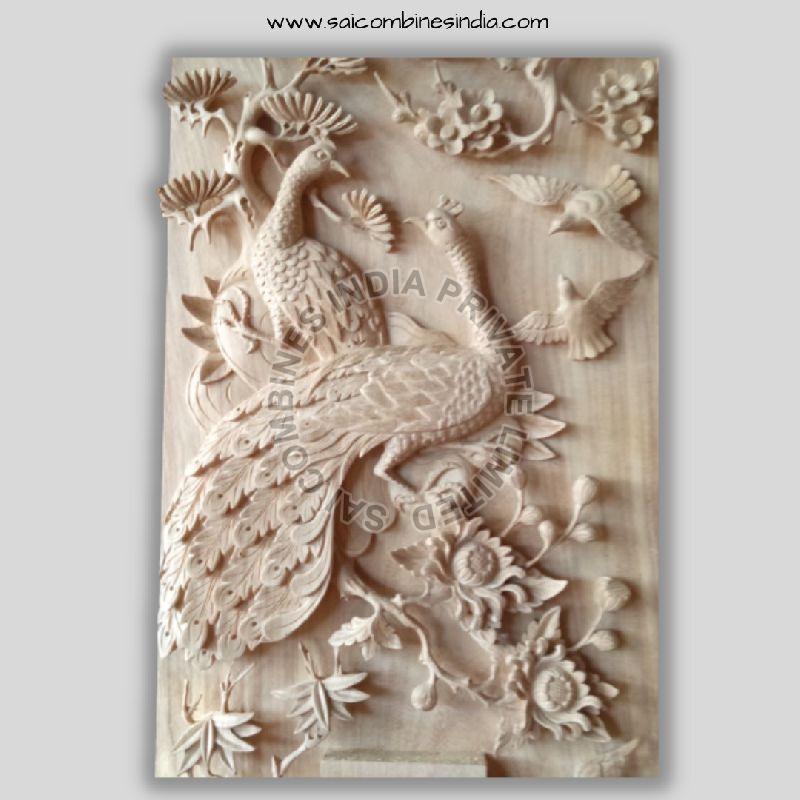PEACOCK AND FLOWER CARVED MARBLE PANEL