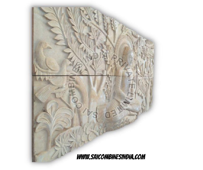 WHITE MARBLE BUDDHA AND TREE CARVED MARBLE PANEL