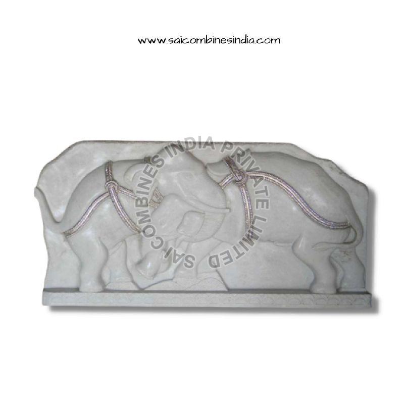 WHITE MARBLE ELEPHANT CARVED MARBLE PANEL