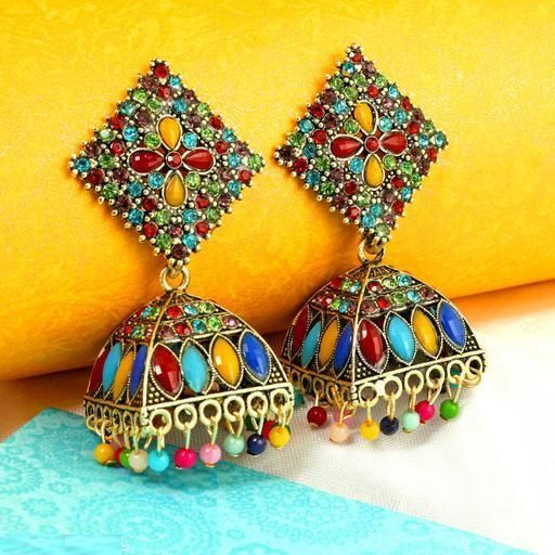 Fashion Frill Flower Shape Cubic Zirconia Multicolor Floral Jhumka Earrings, Packaging Type : Plastic Packet