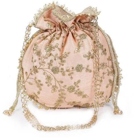 Silk Floral Potli Bag, Color : Peech