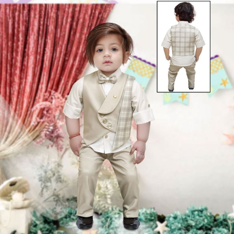 MM773 Beige Boys Pant Shirt Jacket Bow Tie Set