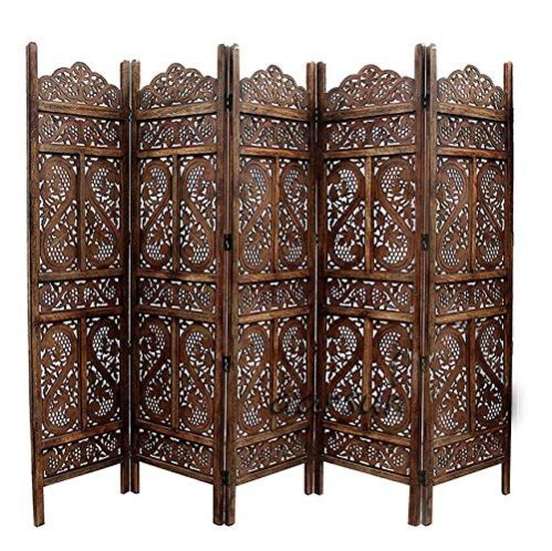 Carved wooden screen 5panel foldable partition