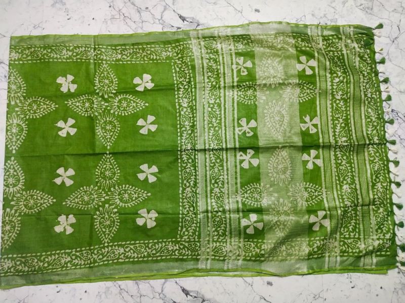 Unstitched Cotton Linen Batik Print Saree, for Easy Wash, Anti-Wrinkle, Shrink-Resistant, Occasion : Festival Wear