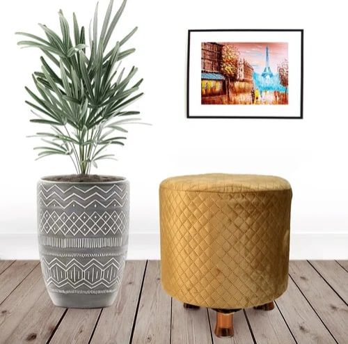 Yellow Wooden Round Ottoman