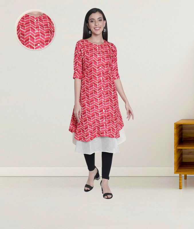 Geometric Print Poly Silk Women Double Layered Kurti, Occasion : Festive, Party Wear
