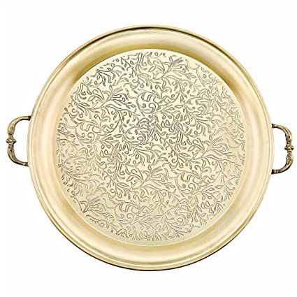 Standard Metal Etching Round Tray, for Serving, Color : Golden