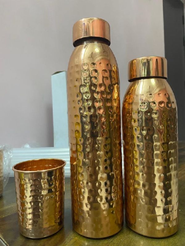 Round Hammered Copper Bottle & Glass Set, for Water Storage, Size : Standard