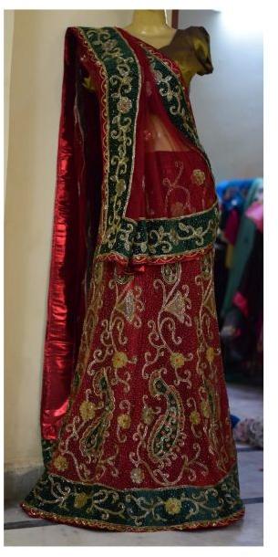 Net Red & Green Wedding Lehenga