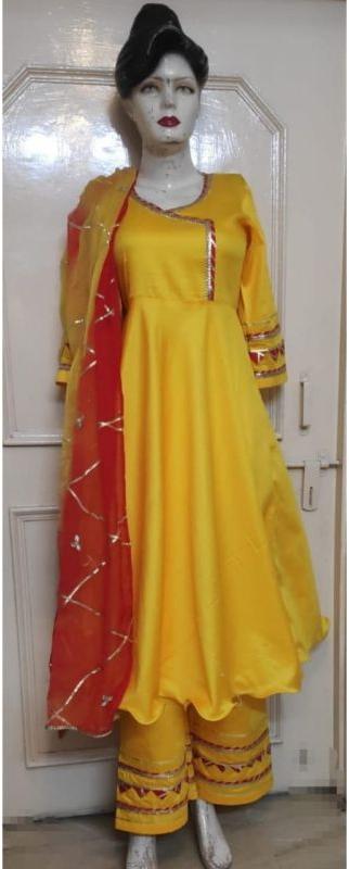 Yellow Gota Work Anarkali Suit, Size : Small, Medium, Large, XL