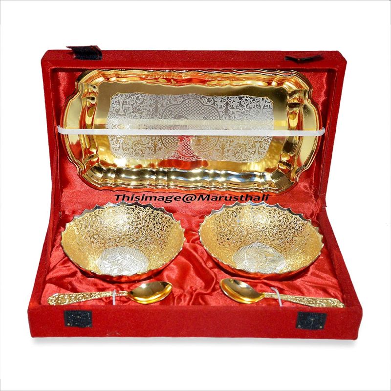 Marusthali Engraved MBRS00046 Brass Bowl Set, Size : Spoon Length-4.5 Inches