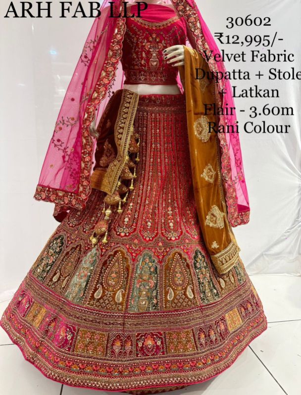 Velvet Embroidered 30602 bridal lehenga, Size : XL