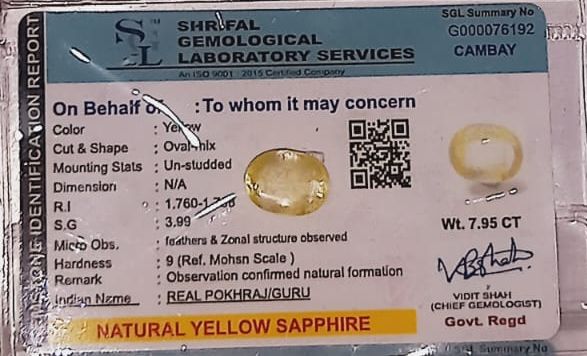 Oval 7.95 Carat Yellow Sapphire Gemstone, Size : Standard