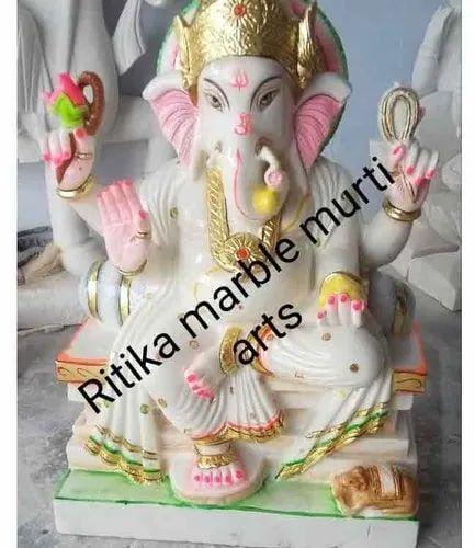 1.5 Feet Marble Painted Ganesh Statue, for Worship, Color : Multi Color