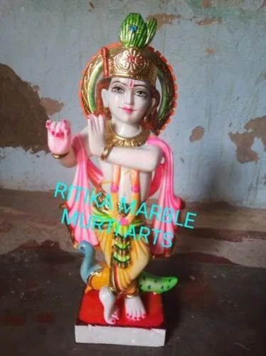 1 Feet Marble Krishna Statue, for Worship, Pattern : Carved, Painted