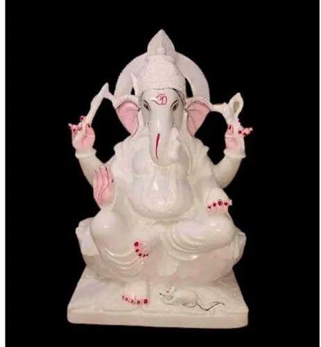 12 Inch Marble White Ganesh Statue, for Worship, Pattern : Painted