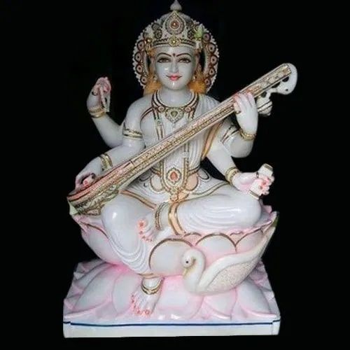 2.5 Feet Marble Saraswati Mata Statu, for Worship, Pattern : Carved, Painted